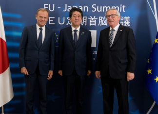 Participation of Jean-Claude Juncker, President of the EC, Donald Tusk, President of the European Council and Shinzō Abe, Japanese Prime Minister at the EU-Japan Summit