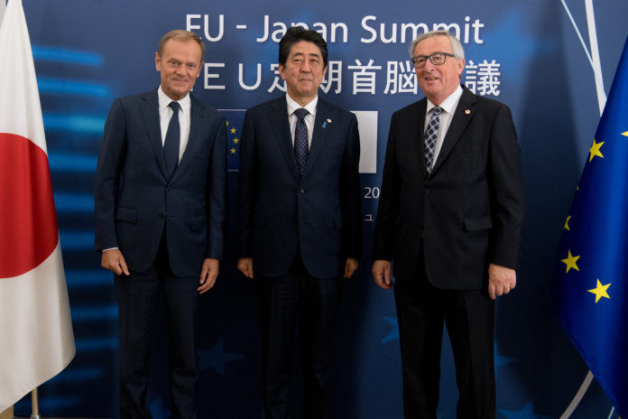 Participation of Jean-Claude Juncker, President of the EC, Donald Tusk, President of the European Council and Shinzō Abe, Japanese Prime Minister at the EU-Japan Summit