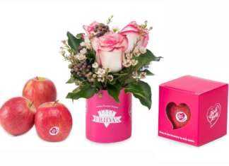 Le mele Pink Lady contenute in una romantica confezione monodose, creata per la catena di fiori Frida's in occasione di San Valentino