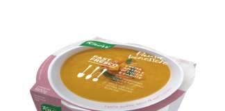 Crema amabile di zucca e carota, una delle cinque referenze di Fast & Fresco Edizione Speciale per Knorr. Il nuovo prodotto sarà in gdo da metà marzo
