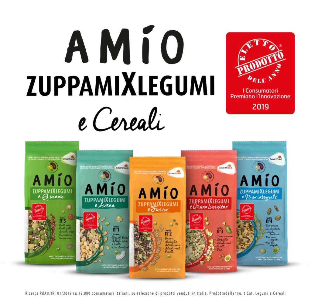 La linea ZuppamiXlegumi e cereali di AMÍO è costituita da piatti unici bilanciati di carboidrati e proteine