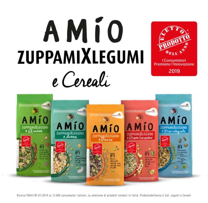 La linea ZuppamiXlegumi e cereali di AMÍO è costituita da piatti unici bilanciati di carboidrati e proteine