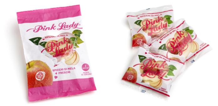Pink Lady spicchi di mela sono realizzati in partnership con Vog Products, proposti in monoporzione e in multipack