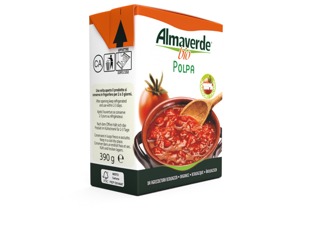 La polpa di pomodoro a marchio Almavedere bio: il packaging, con apertura a strappo, è completamente riciclabile