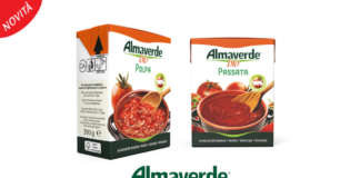 La polpa e la passata di pomodoro a marchio Almaverde bio: il packaging è in Tetra Recart, che utilizza il 69% della materia prima da fonti rinnovabili