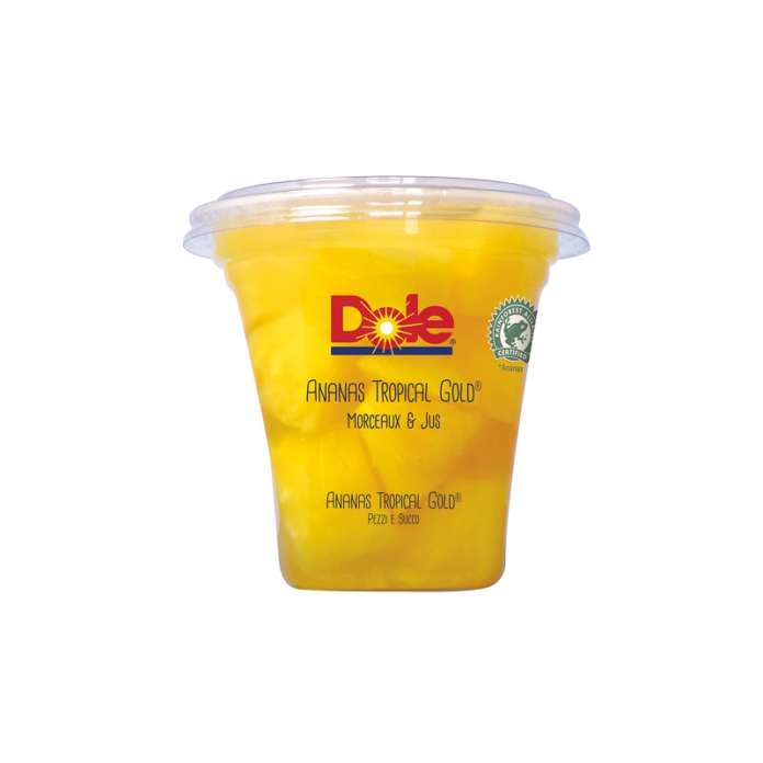 Ananas Tropical Gold di Dole: utilizza ananas Tropical Gold, certificato Rainforest Alliance e caratterizzato dal gusto dolce e non acidulo e dal colore giallo dorato