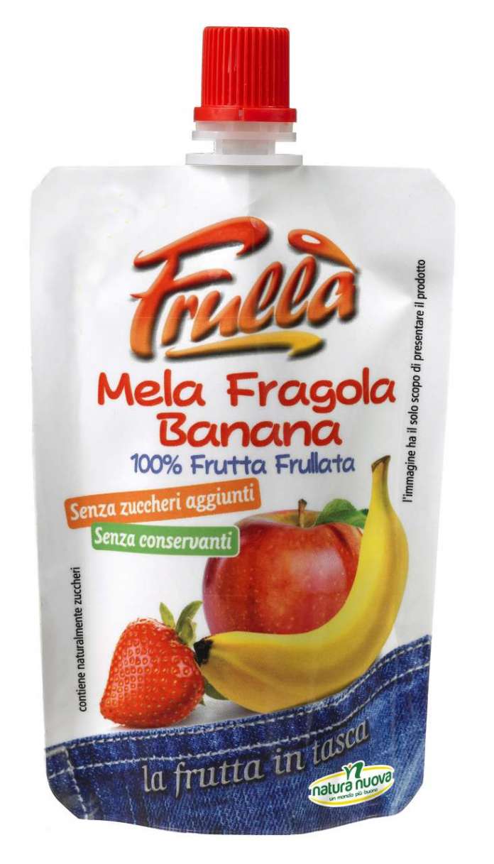 Frullà Mela Fragola Banana. è un frullato 100% di frutta fresca, senza zuccheri aggiunti, né conservanti