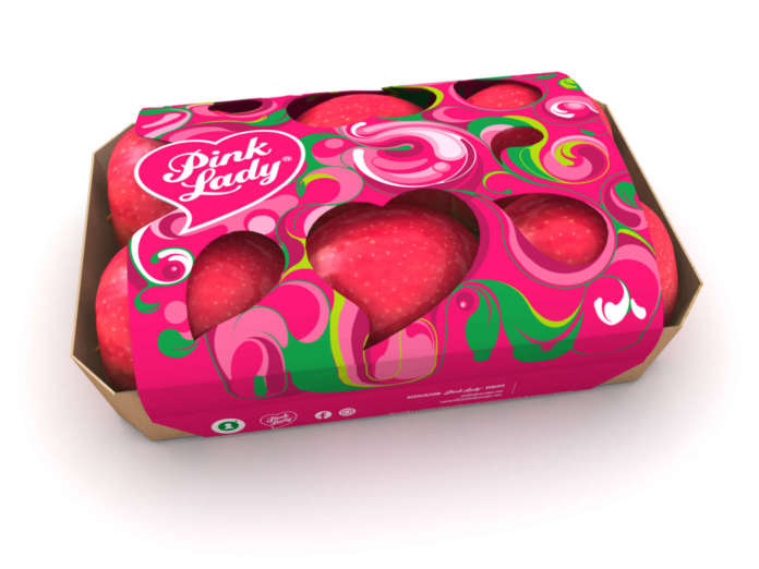 Il nuovo imballaggio colorato e compostabile di Pink Lady in cartone certificato Fsc