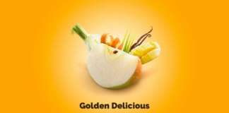 La nuova immagine comunicativa della Golden Delicious Val Venosta, con i frutti che ricordano le sue note aromatiche e il colore di fondo che richiama il gusto