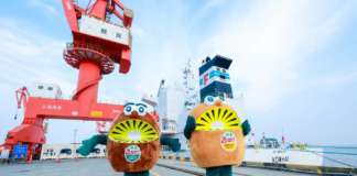 Le mascotte Zespri KiwiBrothers al porto, in Cina